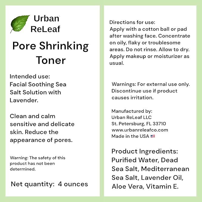 Urban ReLeaf Pore Shrinking Toner! with Lavender & Dead Sea Salt, Smooth Tight Skin, 100% Natural, Calm & Soothe Irritation