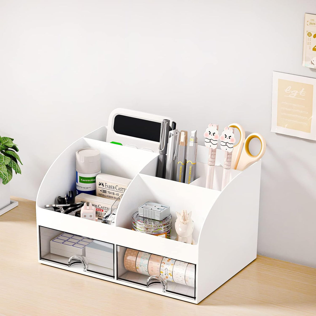 Desk Organizer with 6 Compartments and 2 Drawers, Plastic Makeup Organizer, Pen Holder for Desktop Storage, Desk Organization for School, Home, Office Supplies (White)