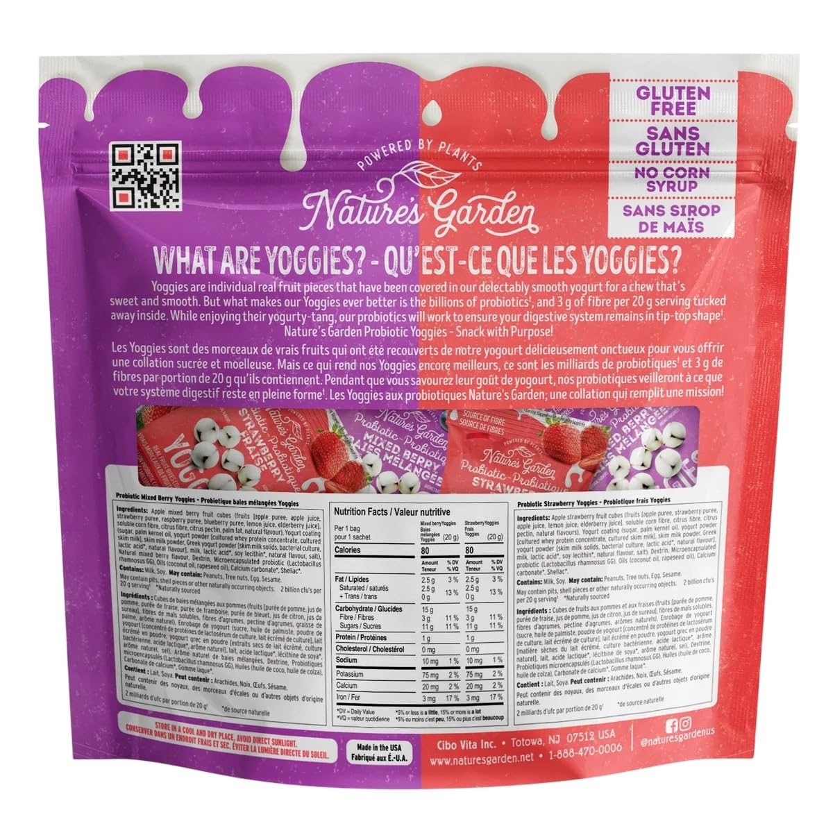 Nature's Garden Probiotic Yoggies Multi Pack, 21oz (Strawberry 15x0.7 oz + Mixed Berry 15x0.7 oz) Yogurt Covered Healthy Snack, High Fiber, Real Fruit Pieces, No Artificial Ingredients, for Adults