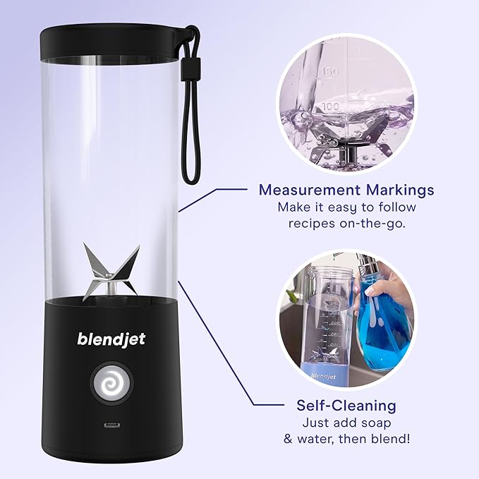 BlendJet 2 Portable Blender for Smoothies & Shakes - 16oz BlendJet Cordless Personal & Small Blender, USB-C Rechargeable & Self Cleaning - (Black)