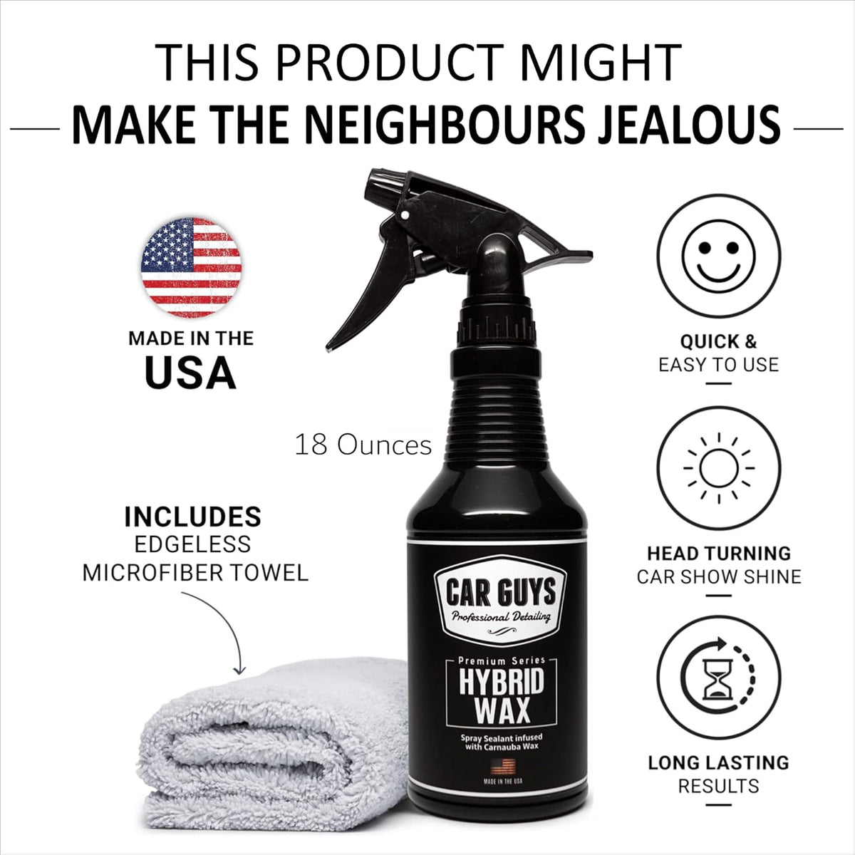 CAR GUYS Hybrid Spray Wax | Advanced Car Wax | Long Lasting and Easy To Use | Safe on All Surfaces | 18 Oz Kit with Towel