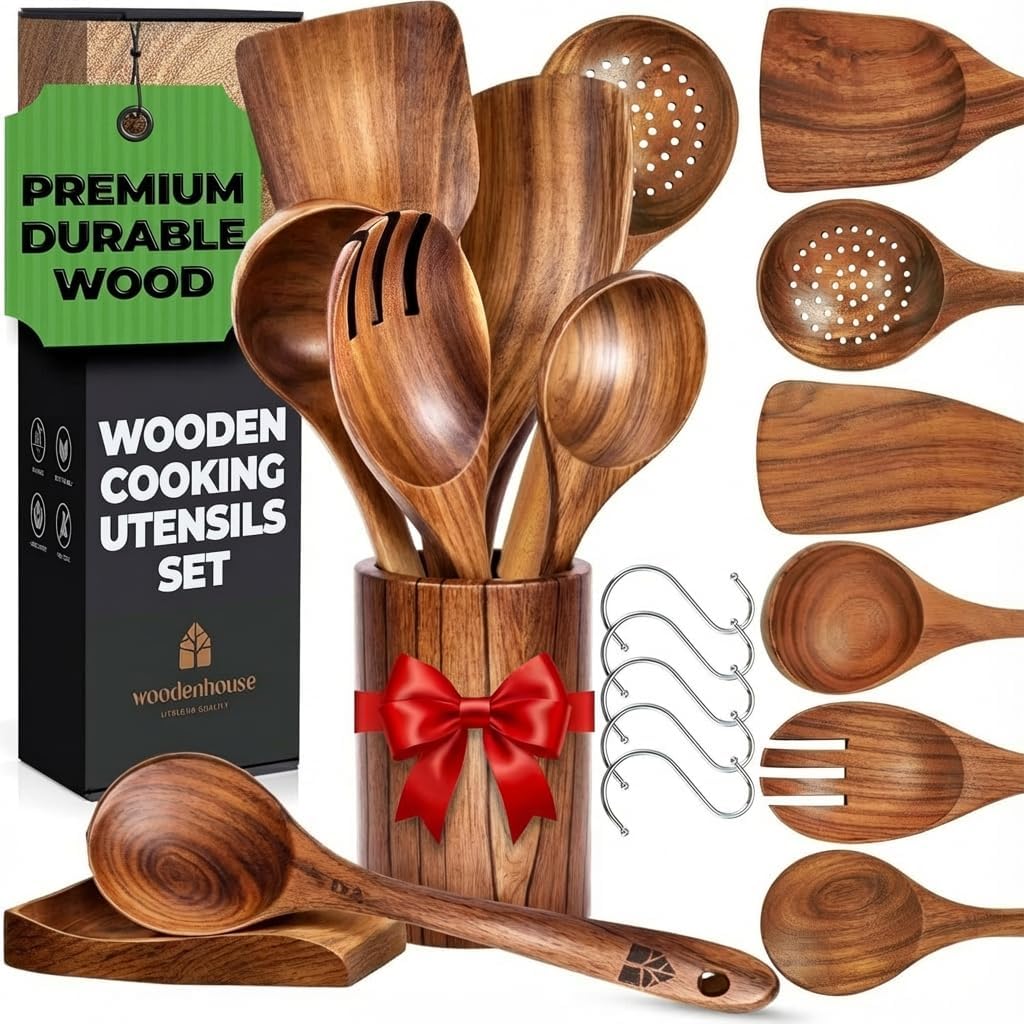 Wooden Utensil Set 8 Pcs – Sturdy & Easy to Clean, Natural Teak Wooden Spoons for Cooking – Non-Scratch Cooking Utensils with Spatula, Turner, Ladle, Spoons, Holder, Spoon Rest, 6 Hooks Kitchen Gifts
