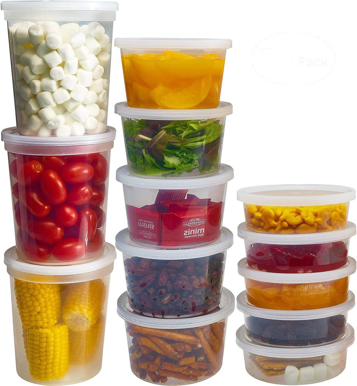 DuraHome Food Storage Containers with Lids 8oz, 16oz, 32oz Freezer Deli Cups Combo Pack, 70 Sets BPA-Free Leakproof Round Clear Takeout Container Meal Prep Microwavable (70 Sets - Mixed sizes)
