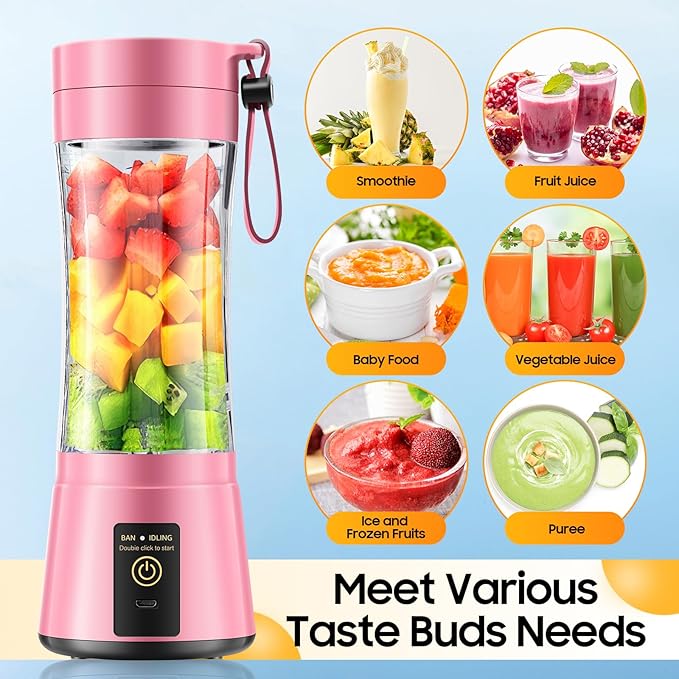 Cordless Portable Personal Size Blender - USB Rechargeable Blender for Smoothies and Shakes, 6 Blades with 380Ml BPA Free Juice Cup, Freshly Squeezed for Picnic/Sports