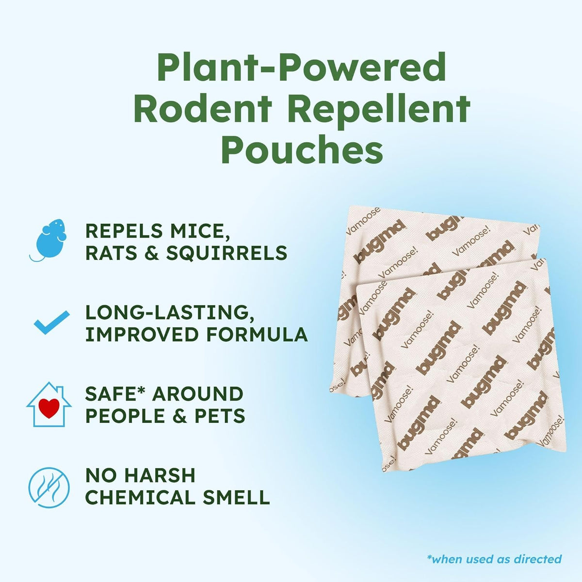 BugMD Vamoose! Plus Peppermint Oil Mouse Repellent Pouches | Natural Mice Repellent Indoor & Rat Deterrent for House, Garage, RV, Car & Storage | Plant-Powered Rodent Control - 1 Pack - 4 Pouches