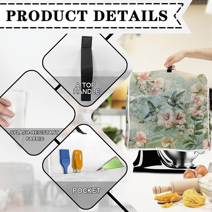 Floral Hummingbird Foldable Portable Mixer Cover | Dust Protector with Handle & Pocket | 4.5-5 Quart Kitchen Appliance Protector for Home Decor