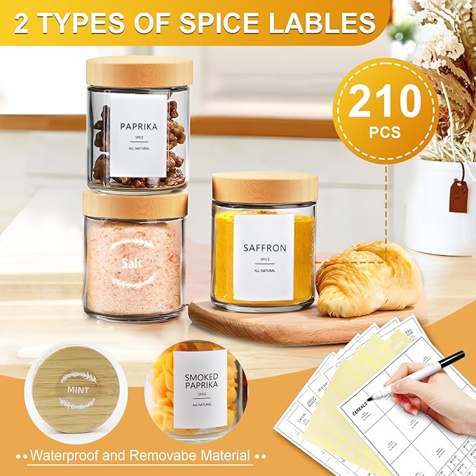AISIPRIN Spice Jars with Label,12 Pcs 8oz Glass Jars with Bamboo Lids,Spice Organizer for Cabinet,Drawer, Rack, Seasoning Organizer Containers,Including 2 Type Labels