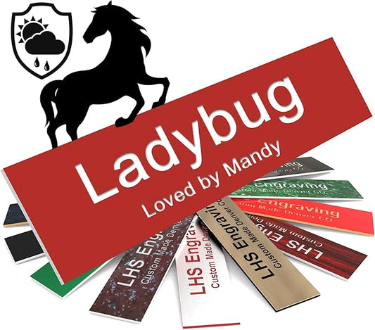 Personalized Horse Stall Name Plates, 2x12 Horse Stall Signs with Adhesive, All Weather UV Protected, Red Plastic White Letters - Made in USA - B7