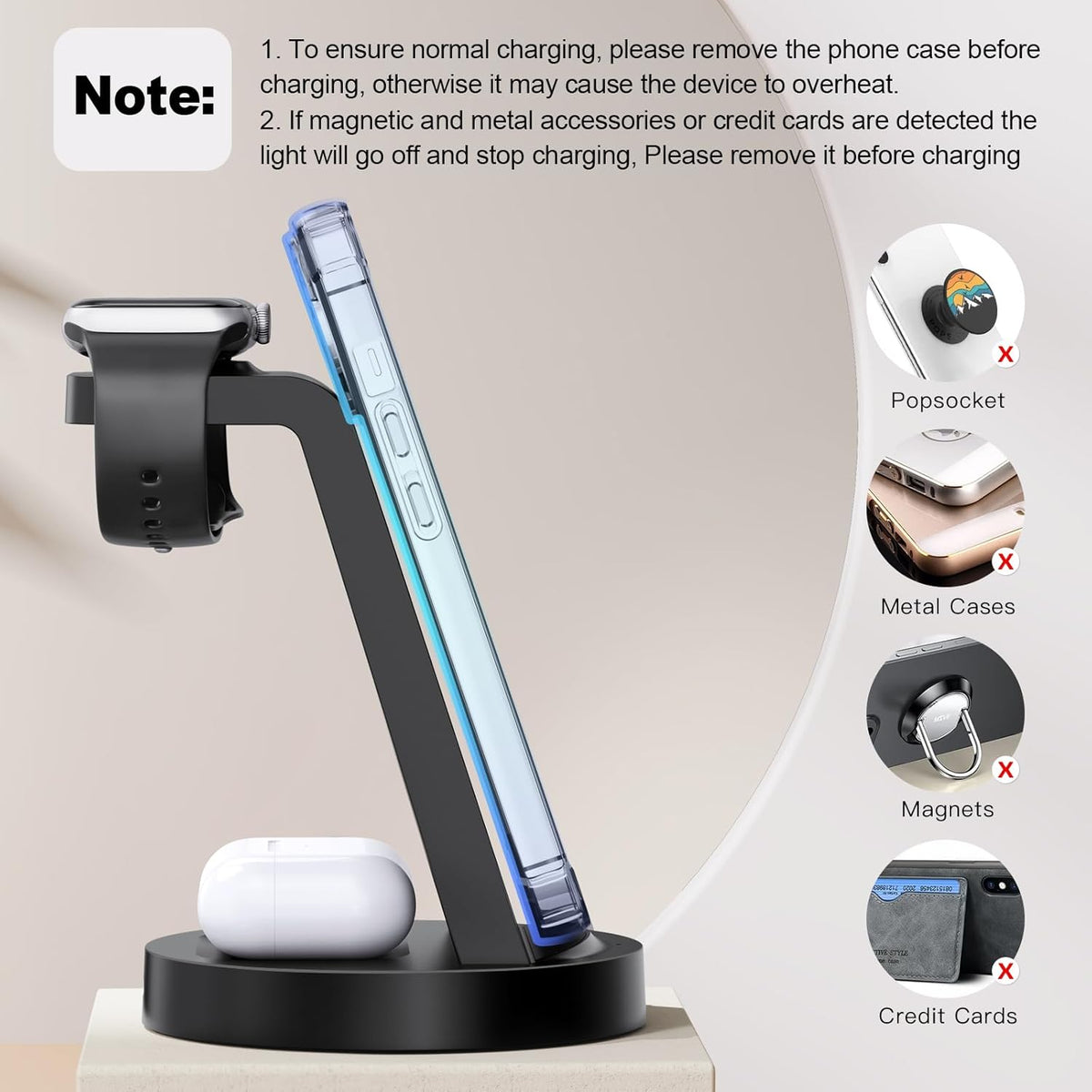 3 in 1 Charging Station for iPhone, Wireless Charger for iPhone 17 16e 16 15 14 13 12 11 X Pro Max & Apple Watch - Wireless Charging Station for AirPods 4 3 Pro