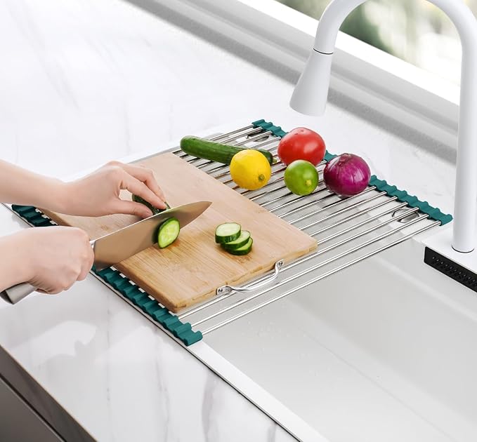 Tomorotec Stainless Steel Roll Up Dish Drying Rack, Foldable Over The Sink Rolling Drainer Rack, Multipurpose Kitchen Gadget Draining Caddy Organizer, Space Saving Sink Accessory Storage Shelf Holder