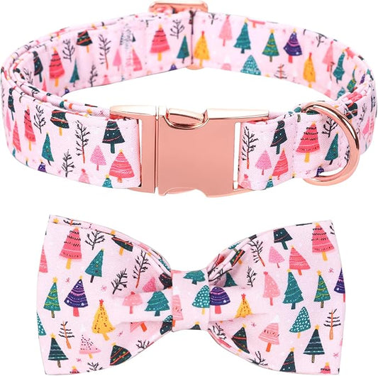 Christmas Dog Collar, Pink Christmas Tree Soft Comfortable Collars with Bow Adjustable Pet Collar with Premium Metal Buckle Dog Necklace for Large Girl Dogs