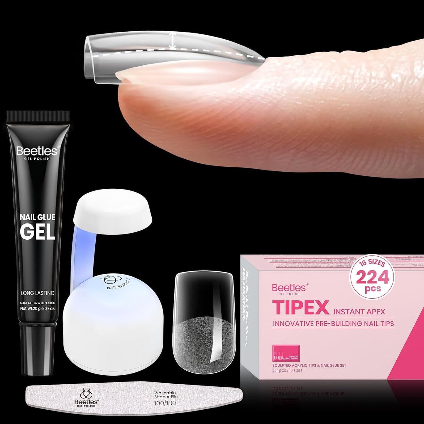 Beetles Tipex Instant Apex Nail Tips Kit, Extra Short Squoval 224Pcs 16 Sizes Pre-Building & Pre-Etched Gel Nail Tips Thicker Acrylic Nails False Nail Extension with Tipex Uv Nail Glue Mini Nail Lamp