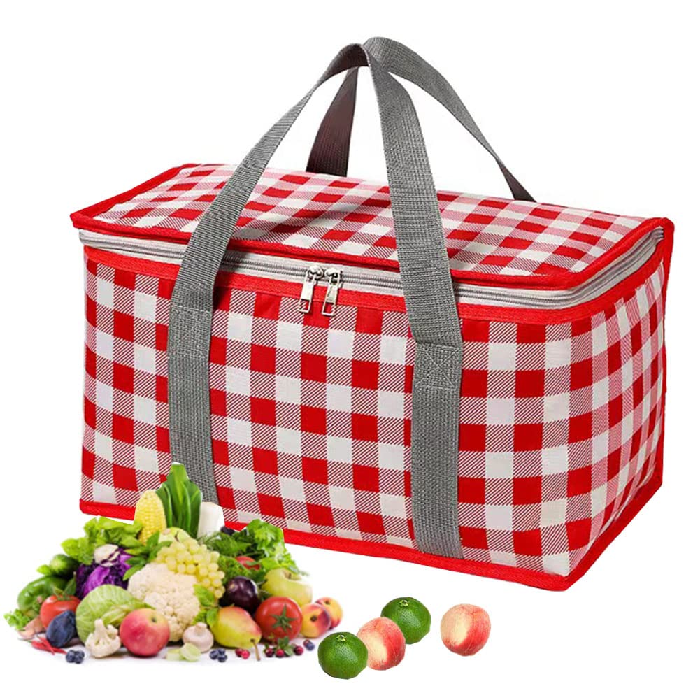 Insulated Reusable Food Picnic Bag Beach Bags, Cooler Bags with Zippered Top -for Hot or Cold,Picnic Basket Collapsible,Beach, Outdoor Party, Camping,Festivals (Red)