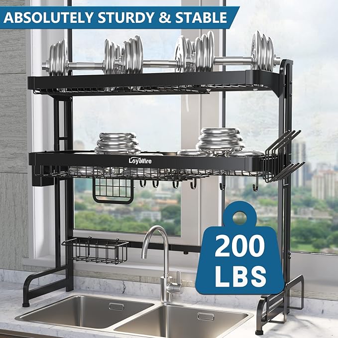 Loyalfire Over Sink Dish Drying Rack, 3 Tier Adjustable Length (20.87'' to 37.6'') Full Stainless Steel Large Storage Kitchen Dish Rack, Expandable Drainer Shelf Rack with Multifunctional Organizers