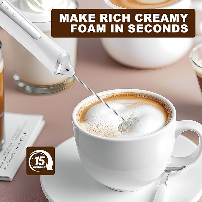 Handheld Electric Milk Frother with 2 Heads, Coffee Whisk Foam Mixer with USB Rechargeable 3 Speeds, Foam Maker Blender for Latte, Cappuccino, Hot Chocolate, Egg (White with stand)