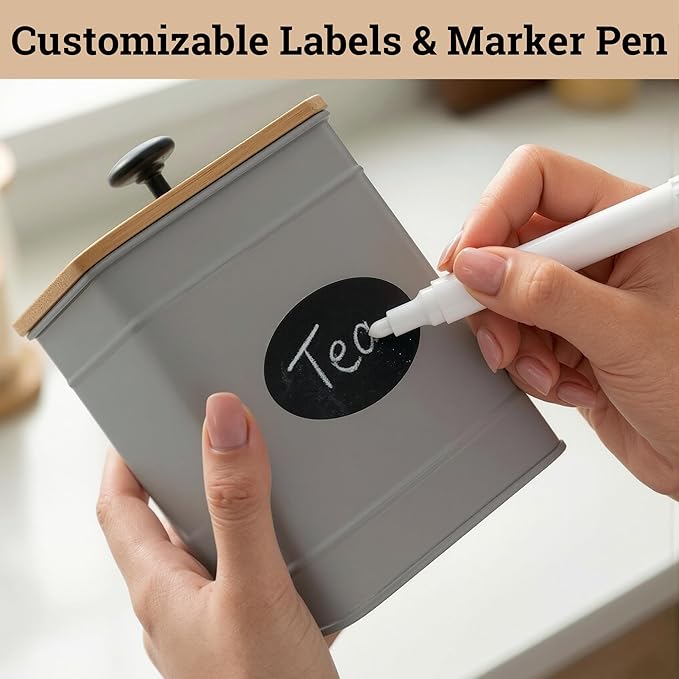 Kitchen Canisters for Countertop Set of 4 with Customizable Chalkboard Labels & Marker Pen - Big Iron Kitchen Canisters with Airtight Lids - Gray Canister Set - Flour and Sugar Containers Farmhouse