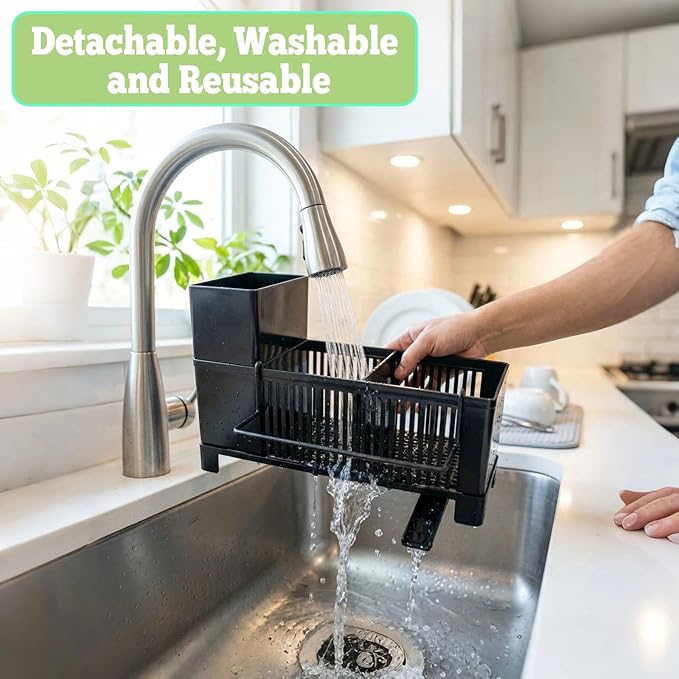 Kitchen Sink Sponge Holder - Plastic Sink Caddy Organizer with 360° Rotating Drain Spout & Tall Brush Holder, Rustproof Dish Soap Countertop Tray, Black