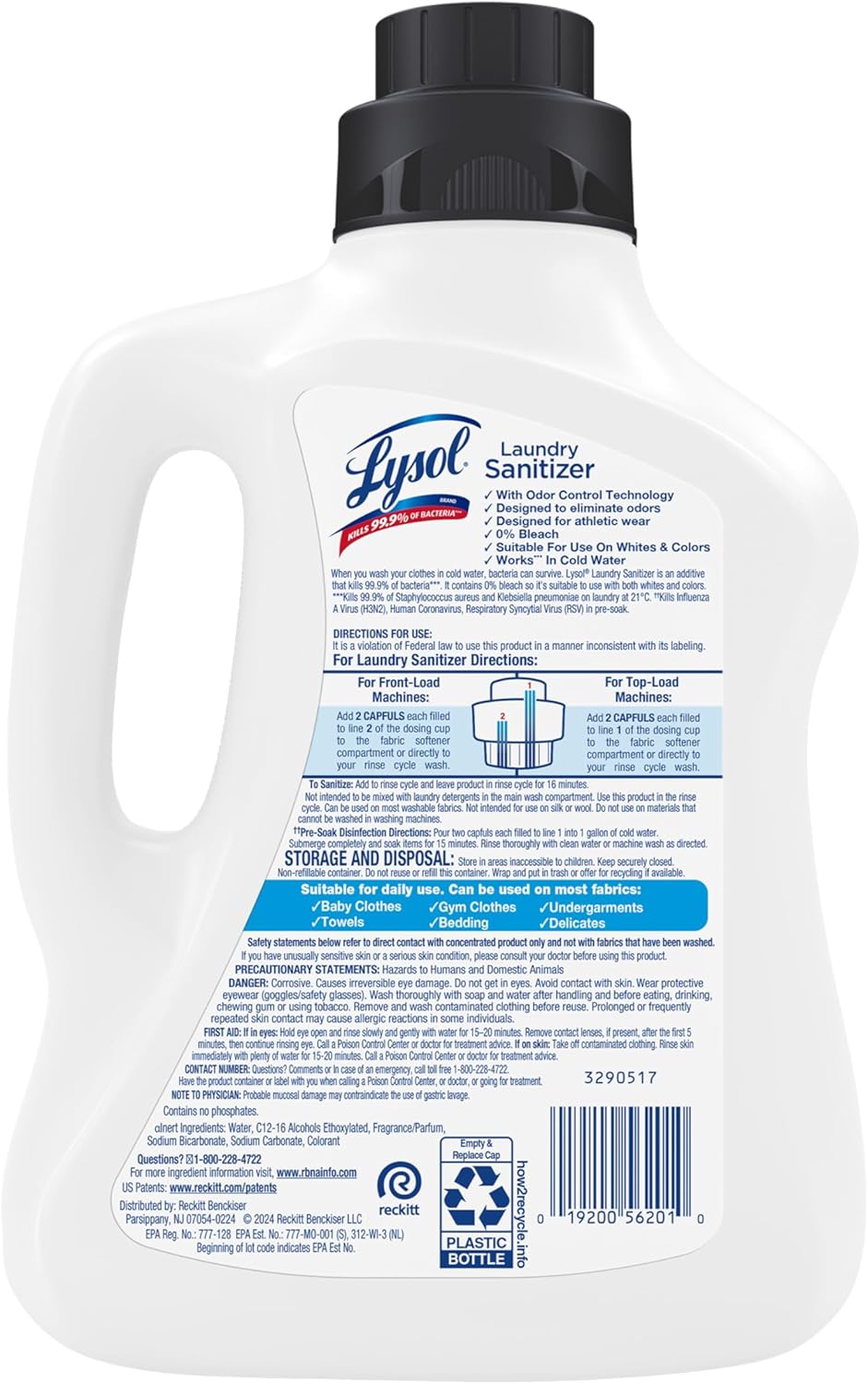 Lysol Tough Odor Eliminator Laundry Sanitizer Additive, Sanitizing Liquid for Gym Clothes and Activewear, 0% Bleach, Eliminates Odor Causing Bacteria, 90oz