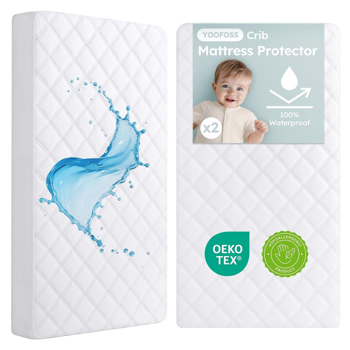 Yoofoss Waterproof Crib Mattress Protector 2 Pack, Quilted Crib Mattress Pad Cover Ultra Soft and Breathable, Machine Washable Toddler Mattress Protector for Standard Baby Crib Size 52''x28''