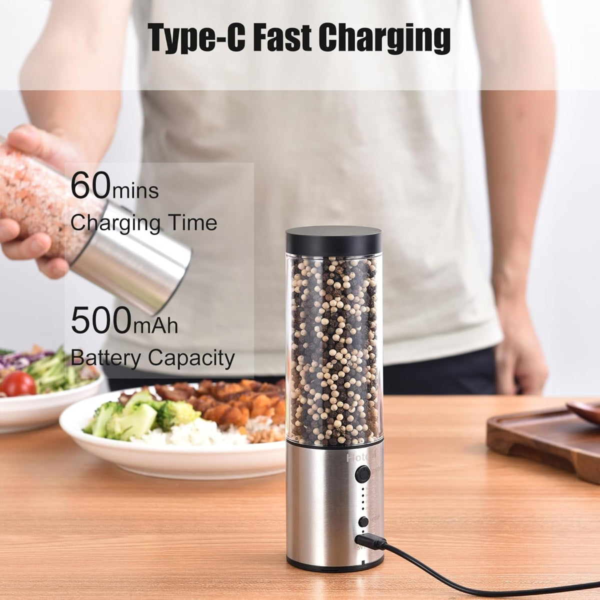 Larger Capacity Electric Salt and Pepper Grinder Set, Rechargeable Salt and Pepper Shakers Set, Kitchen Gadgets Salt and Pepper Mill