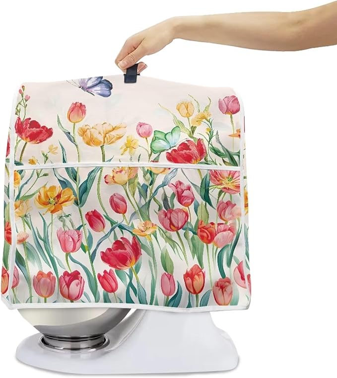 Floral Mixer Dust Cover | Waterproof & Machine Washable Protector with Handle & Pocket | Compatible with 6-8 Quart Stand Mixers