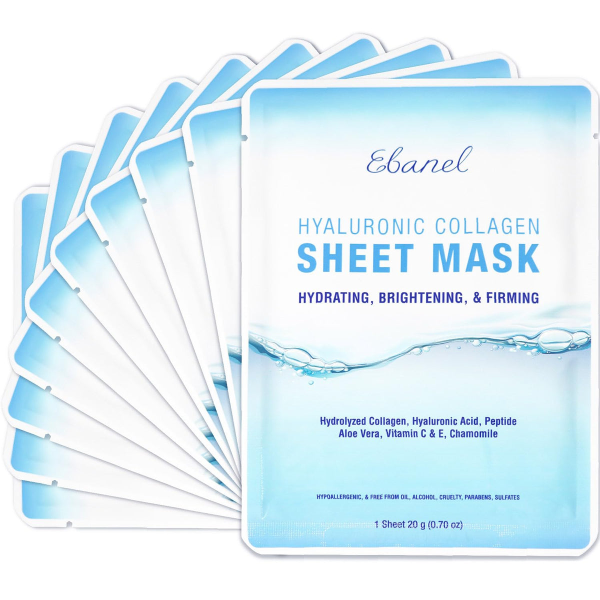 Ebanel 10 Pack Collagen Face Mask with Hyaluronic Acid, Vitamin C, Peptide, Aloe, Instant Brightening Hydrating Face Masks Skincare Korean Sheet Mask, Skin Firming, Lifting Anti Aging Facial Masks