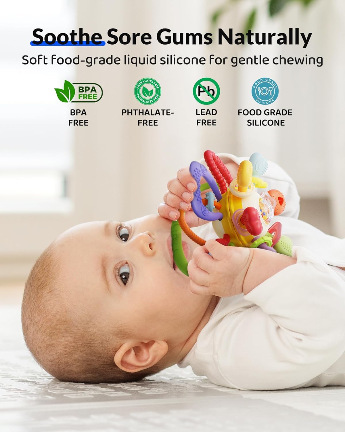 Baby Montessori Sensory Teething Toy – Safe, Multi-Functional BPA-Free Silicone Teether Toy for Babies 0-12 Months – Vibrant Rattle for Teething Relief & Fun Play – Perfect Baby Toys for Boys & Girls