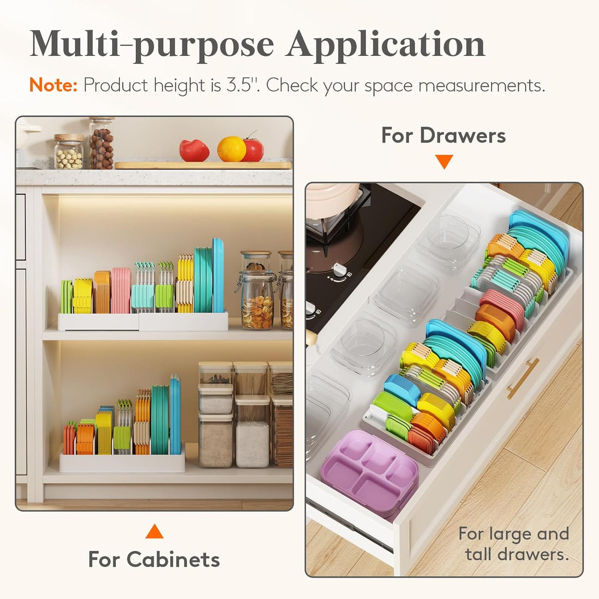 Lifewit Kitchen Cabinet Organizer for Food Contanier Lid, Large Lid Holder with 6 Adjustable Dividers & 7 Sections for Pantry Organizers and Storage, Home Drawer Organization, 13" x 10"