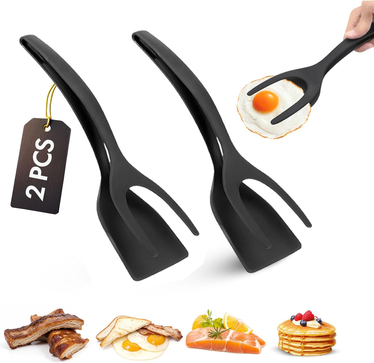 ZONZEST Egg Flipper Spatula Tongs (Set of 2) – Non-Stick 2-in-1 Grip & Flip Kitchen Tongs for Pancakes, Fish, Eggs, and More – Heat Resistant Cooking Tool (Black)