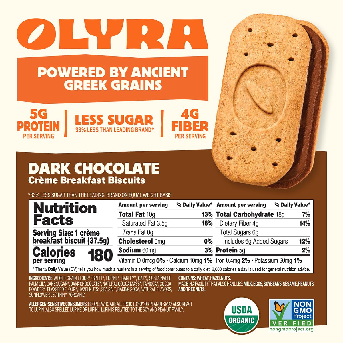 Olyra Creme Breakfast Biscuits - Dark Chocolate - Healthy Snacks for Kids and Adults, Low Sugar, High Fiber, Vegan Organic Cookies - Pack of 4