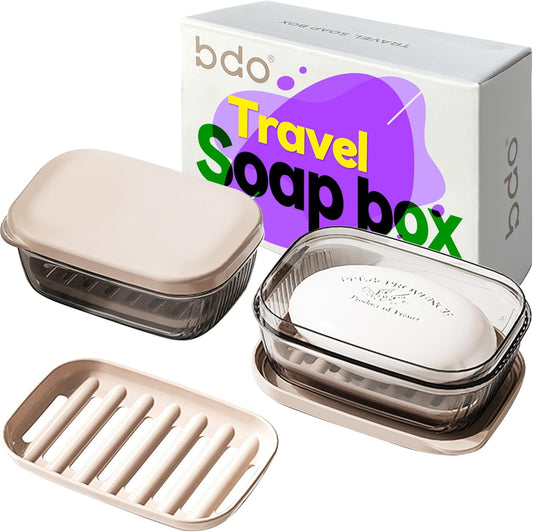 Travel Essentials Soap Holder with Lid,Leakproof Soap Dish with Drainage Layer, Portable Travel Soap Bar Case for Camping, Gym, Bathroom,Kitchen,Dormitory,Hotel(Clear)
