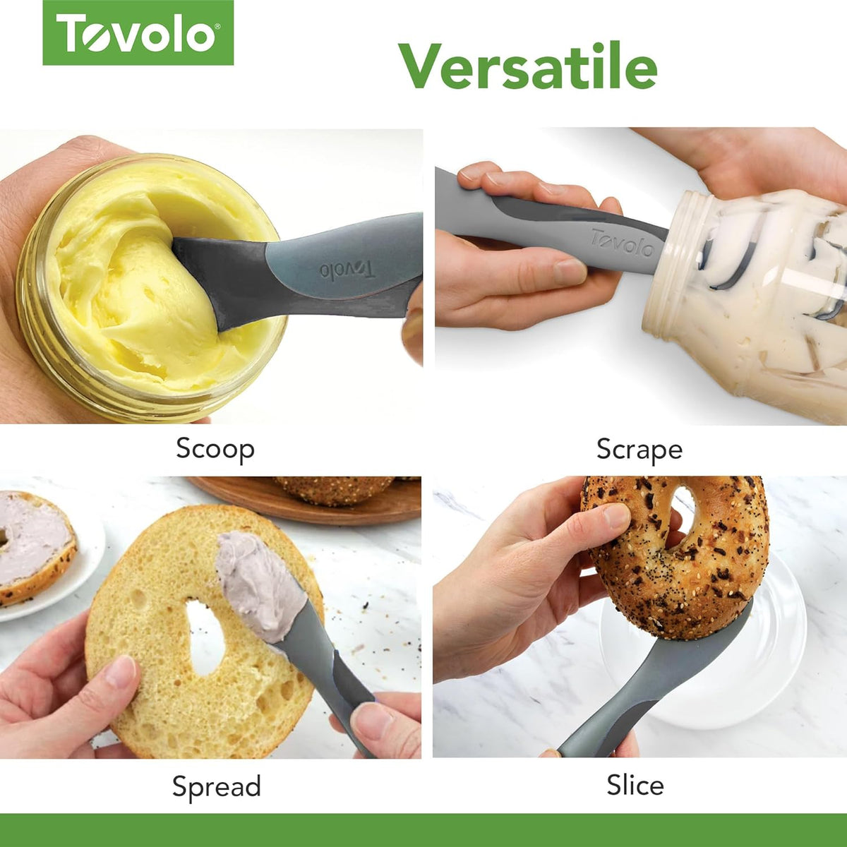 Tovolo Scoop and Spread Large Dual End Silicone Sandwich Spreader Tool with Nylon Handle, BPA Free Dishwasher Safe Silicone and Nylon Tool for Spreading and Scooping, Blue Haze and Oyster Gray