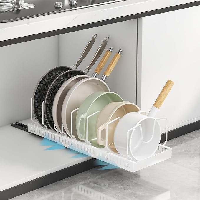 Pots and Pans Organizer Under Cabinet, Pull-out Pots and Pans Organizer, Under Cabinet Pot Lid Holder, Sliding type Pots and Pans Storage with 8 Adjustable Dividers for Kitchen