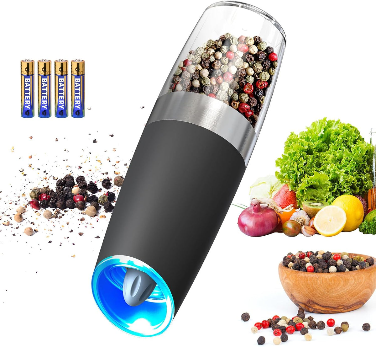 CIRCLE JOY Gravity Electric Salt and Pepper Grinder Set – Automatic LED Light Salt & Pepper Mills