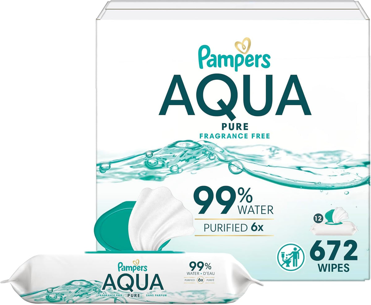 Pampers Baby Wipes Aqua Pure, 99% water-based wipes, Hypoallergenic and Unscented Baby Wipes, 672 Wipes Total (12 Flip-Top Packs)