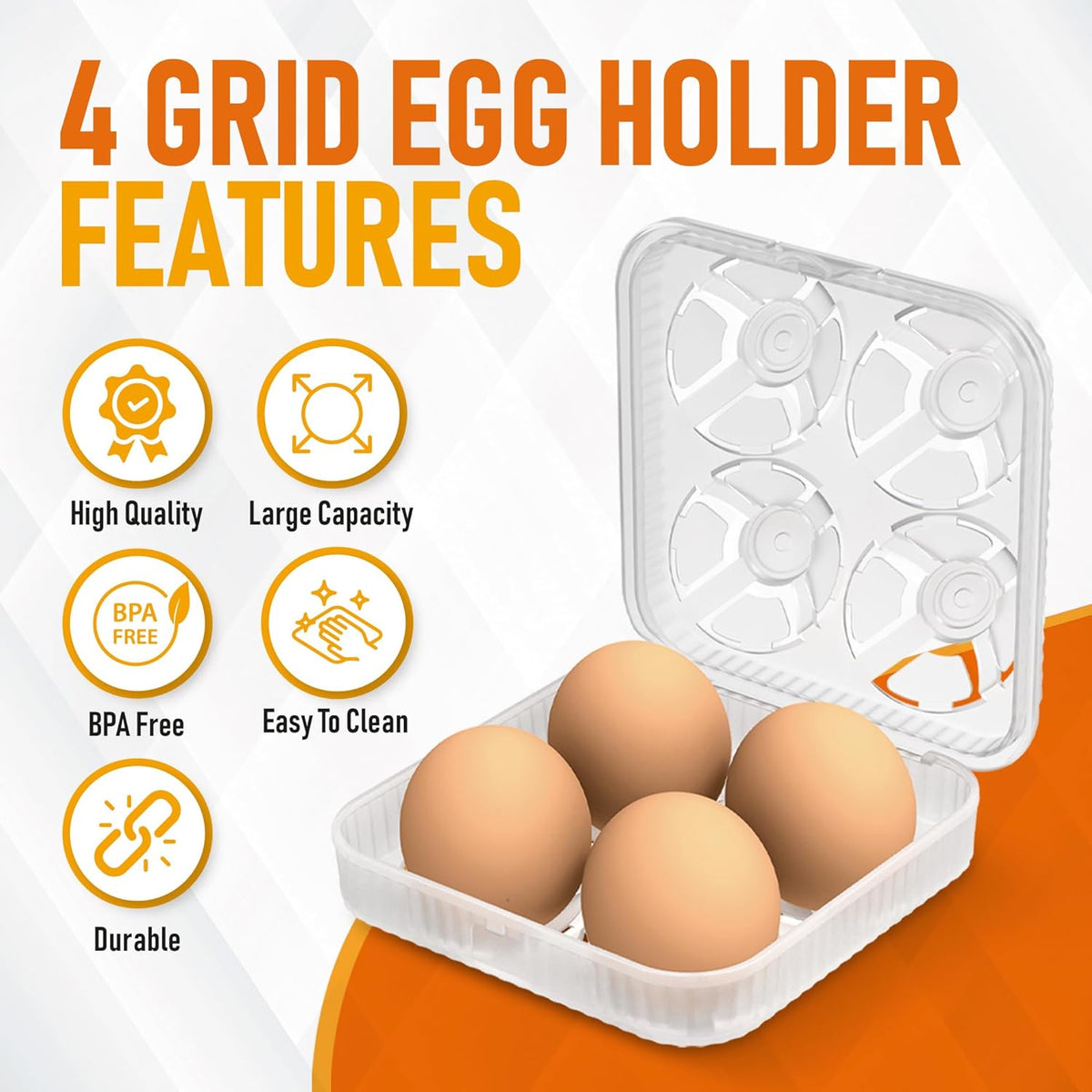 ZPU Egg Holder Camping, 1Pcs 4 Grid Egg Container, Plastic Egg Carrier for Camping Picnic Travel Outdoor Refrigerator Kitchen, Clear White
