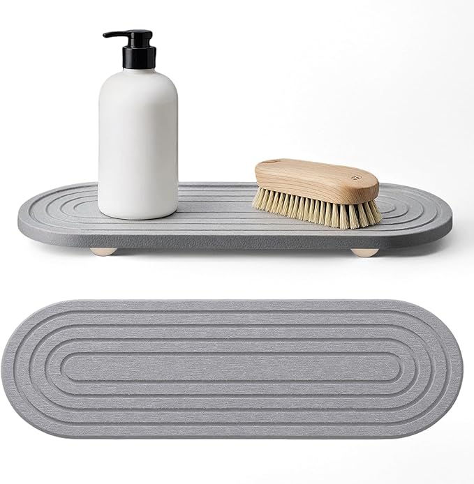 Instant Dry Sink Caddy Organizer, Fast Drying Sink Caddy, Water Absorbing Stone Sponge Holder for Kitchen and Bathroom Countertop with Natural Loofah and Wooden Feet