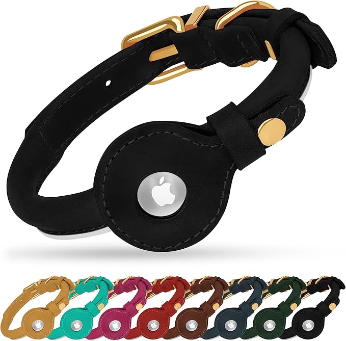 OOPSDOGGY Rolled Leather Dog Collar with Airtag Holder - Reflective Round Airtag Dog Collar - Soft Tracking Pet Collar for Small Dogs Puppy Cats Kitten (Black, XXL, 20"-24")
