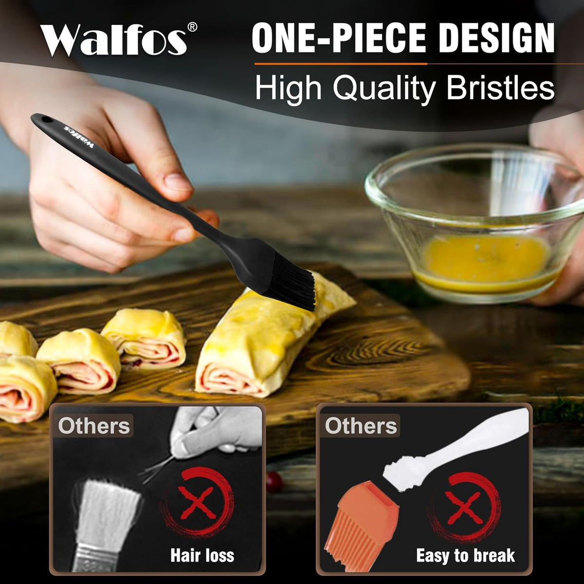 Walfos 600°F Heat Resistant Silicone Basting Brushes BPA Free Pastry Brush, Spread Oil Butter Sauce for BBQ Grill Baking Kitchen Cooking, Dishwasher Safe (2 SIZE)