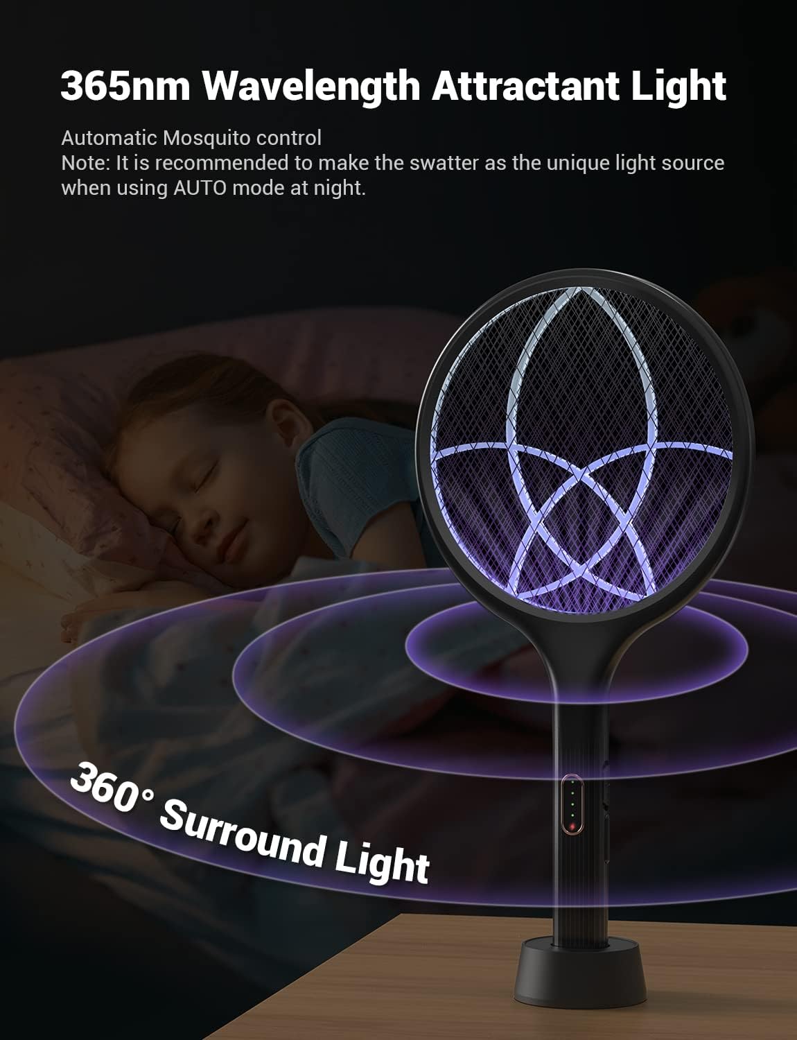 YISSVIC Electric Fly Swatter Bug Zapper Racket Dual Modes Mosquito Killer with Purple Mosquito Light Rechargeable for Indoor Home Office Backyard Patio Camping (Black) (Black-1 Pack)