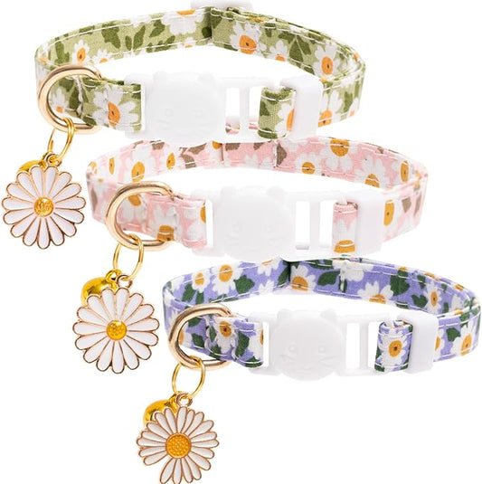 Faygarsle 3 Pack Cotton Safe Breakaway Cat Collars with Bell Daisy Charm Green Blue Pink Kitty Kitten Cute Cat Collars for Girl Cats Female Cats