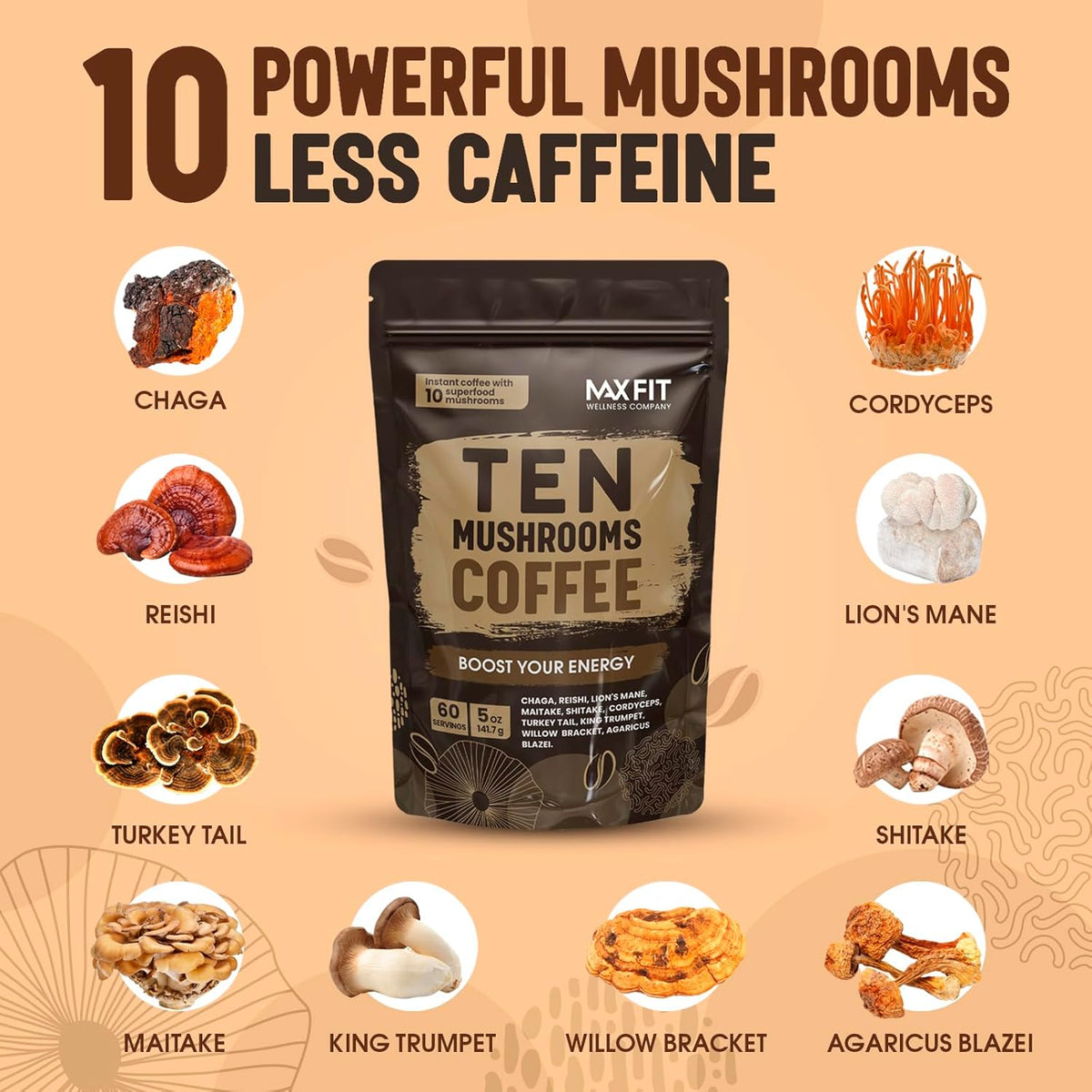 Mushroom Coffee (60 Servings) 10 Mushrooms (Lion’s Mane, Cordyceps, Turkey Tail & Other) Mixed With Gourmet Arabica Instant Immune Boosting Coffee for Focus & Gut Health Support