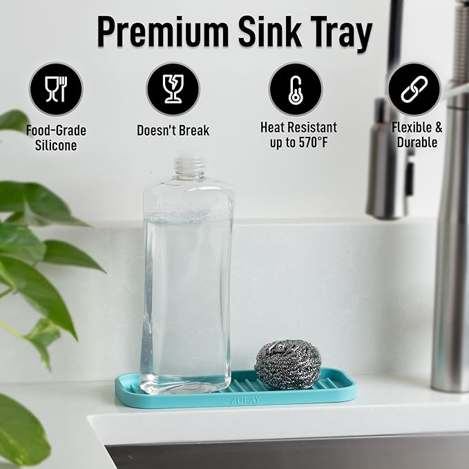 Zulay Kitchen (9x3.5) Silicone Sponge Holder for Kitchen Sink - Flexible Multipurpose Soap Tray Sponge Holder - Sink Organizer Tray for, Bathroom, Makeup, Trinkets & More (Aqua Sky)