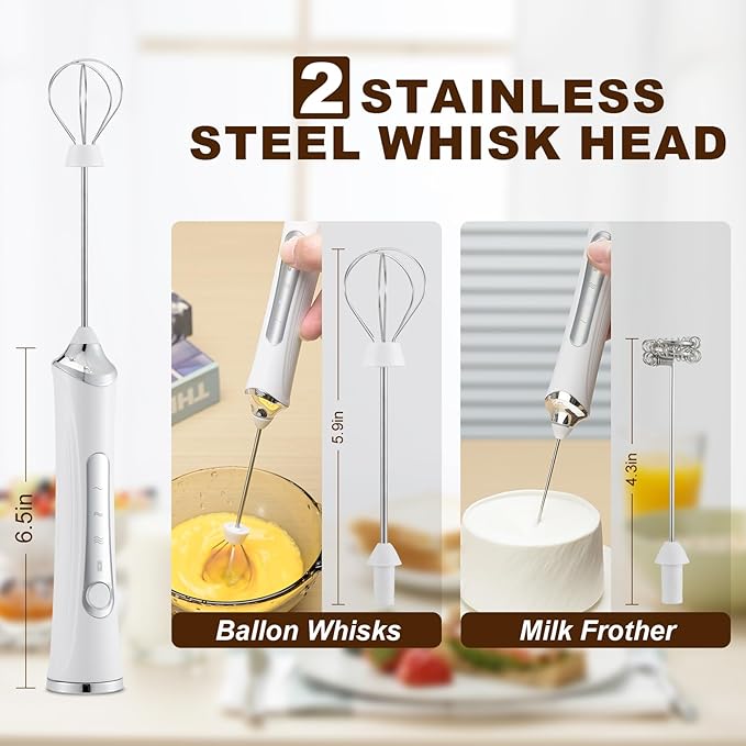 Handheld Electric Milk Frother with 2 Heads, Coffee Whisk Foam Mixer with USB Rechargeable 3 Speeds, Foam Maker Blender for Latte, Cappuccino, Hot Chocolate, Egg (White)
