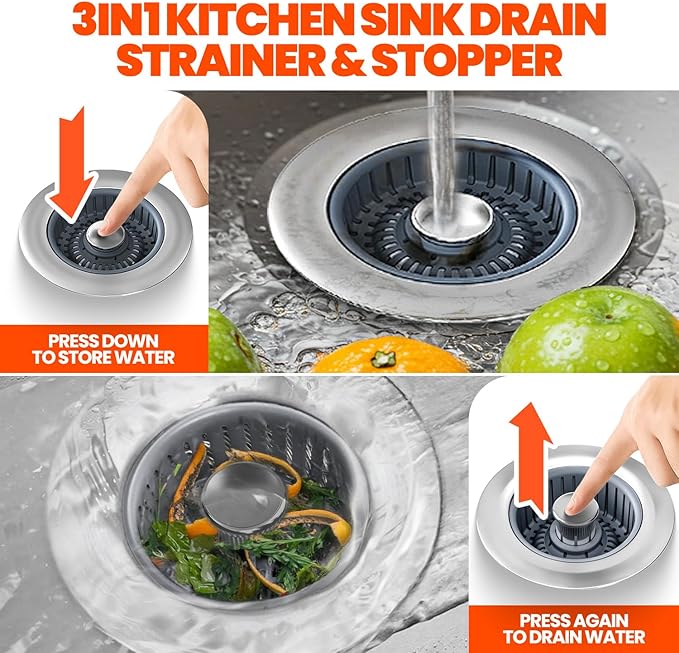 Kitchen Sink Drain Strainer & Sink Stopper, Upgraded 3 in 1 Stainless Steel Drain Plug Combo with Anti-Clog Basket, Pop Up Drain Cover for Standard 3-1/2'', Fits Double Bowl Kitchen Sinks