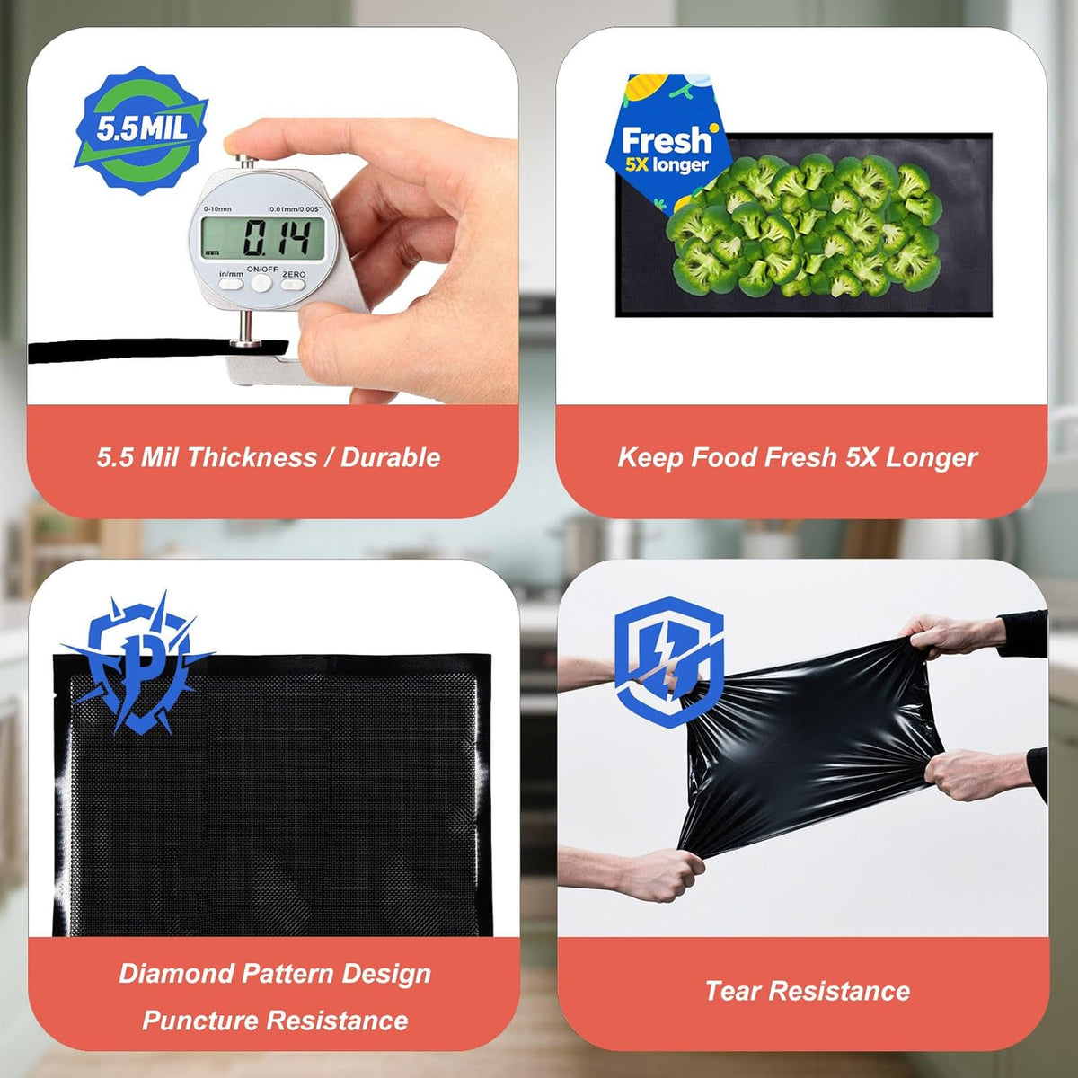 Black and Clear Vacuum Sealer Rolls 11" x 50', 5.5 Mil Vacuum Seal Bags for Food Storage, Sous Vide, and Meal Prep, Heavy Duty Commercial Grade (2 Rolls, Total 100 Ft)