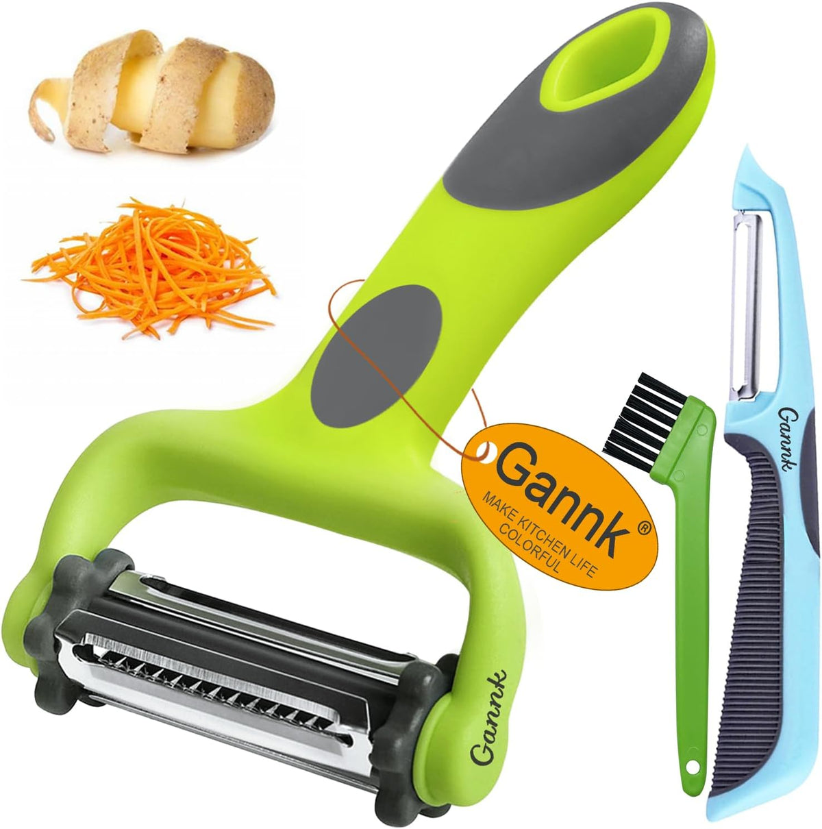 GANNK Potato Apple Vegetable Peelers for Kitchen, I and Y Peelers for Fruit Veggie Potatoes Carrot Cucumber, 3 in 1 Blade Spin Design With Julienne Function