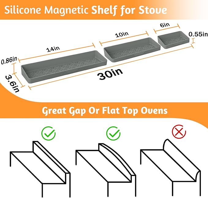 30"/24"/20" Silicone Stove Top Magnetic Shelf for Kitchen, Soft Flexible Strong Magnetic Heat Resistant Over the Stove Silicone Oven Shelf Spice Rack Organizer for Back of Oven - Grey
