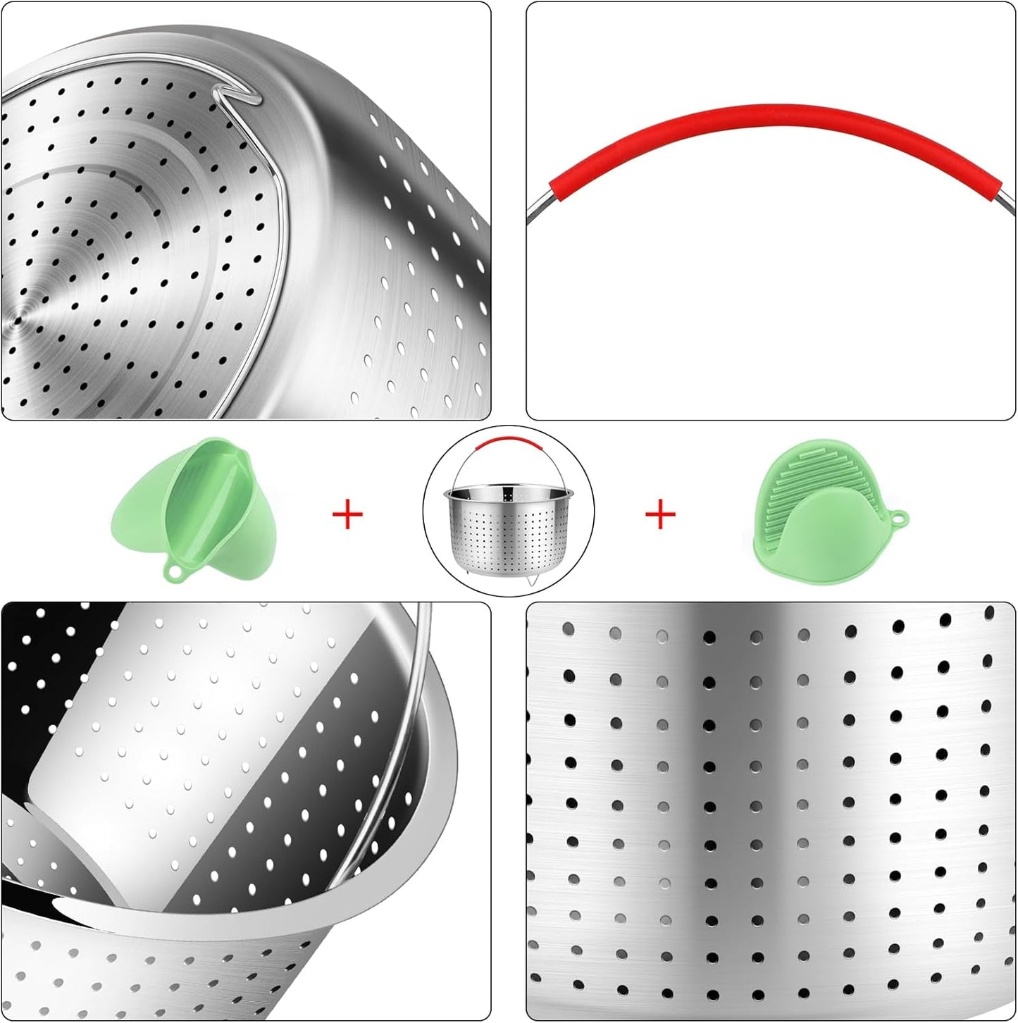 REDANT Vegetable Steamer Basket for Instant Pot Accessories 6 & 8 Qt - Stainless Steel Strainers and Colanders - Metal Strainer for Cooking Broccoli, Eggs, Pasta, Quinoa - with 2 Gloves, 6 Quart