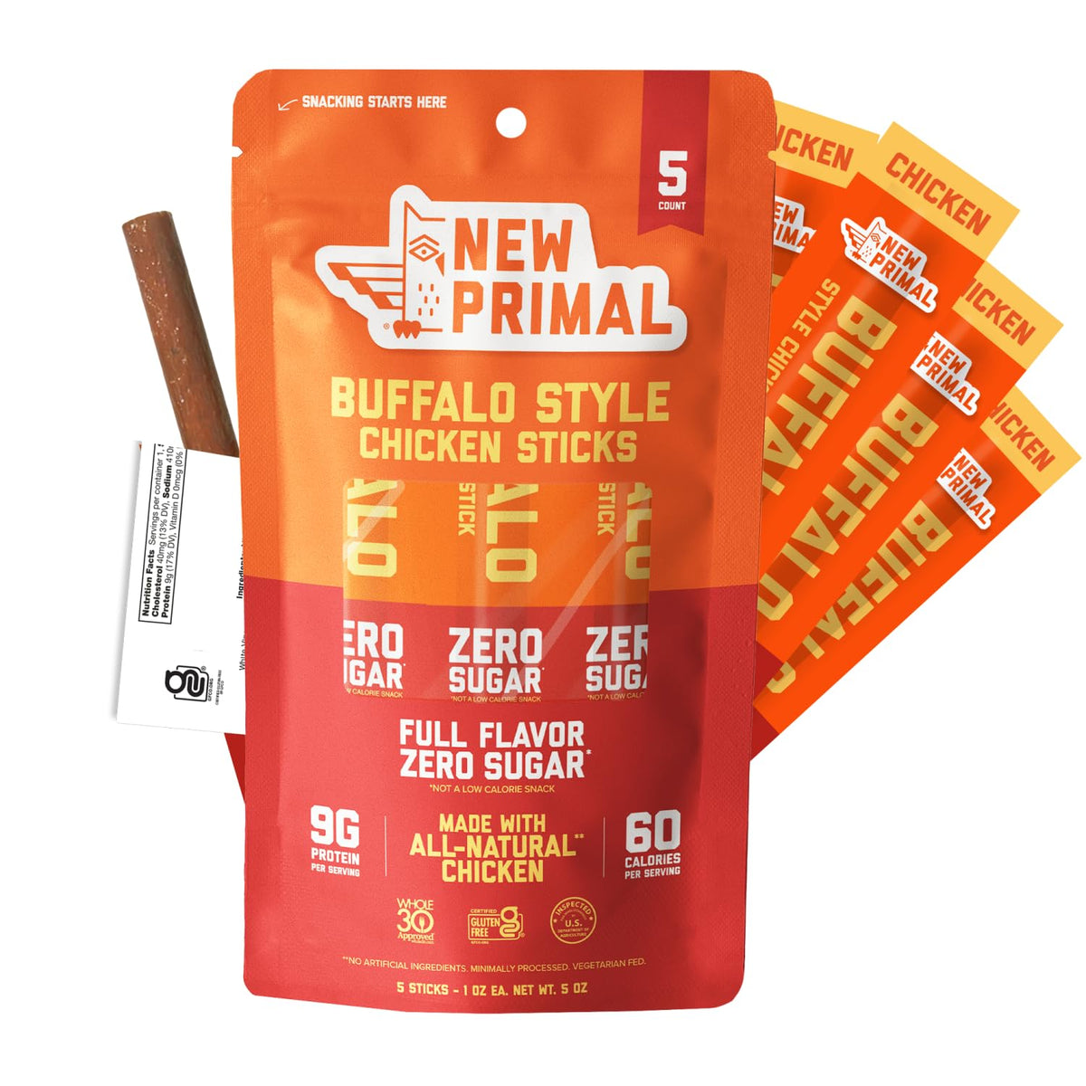 New Primal Buffalo Chicken Sticks, Keto, Gluten Free Healthy Snacks, Sugar Free Low Carb High Protein, Jerky Meat Stick, 9g Protein, 5 Pack